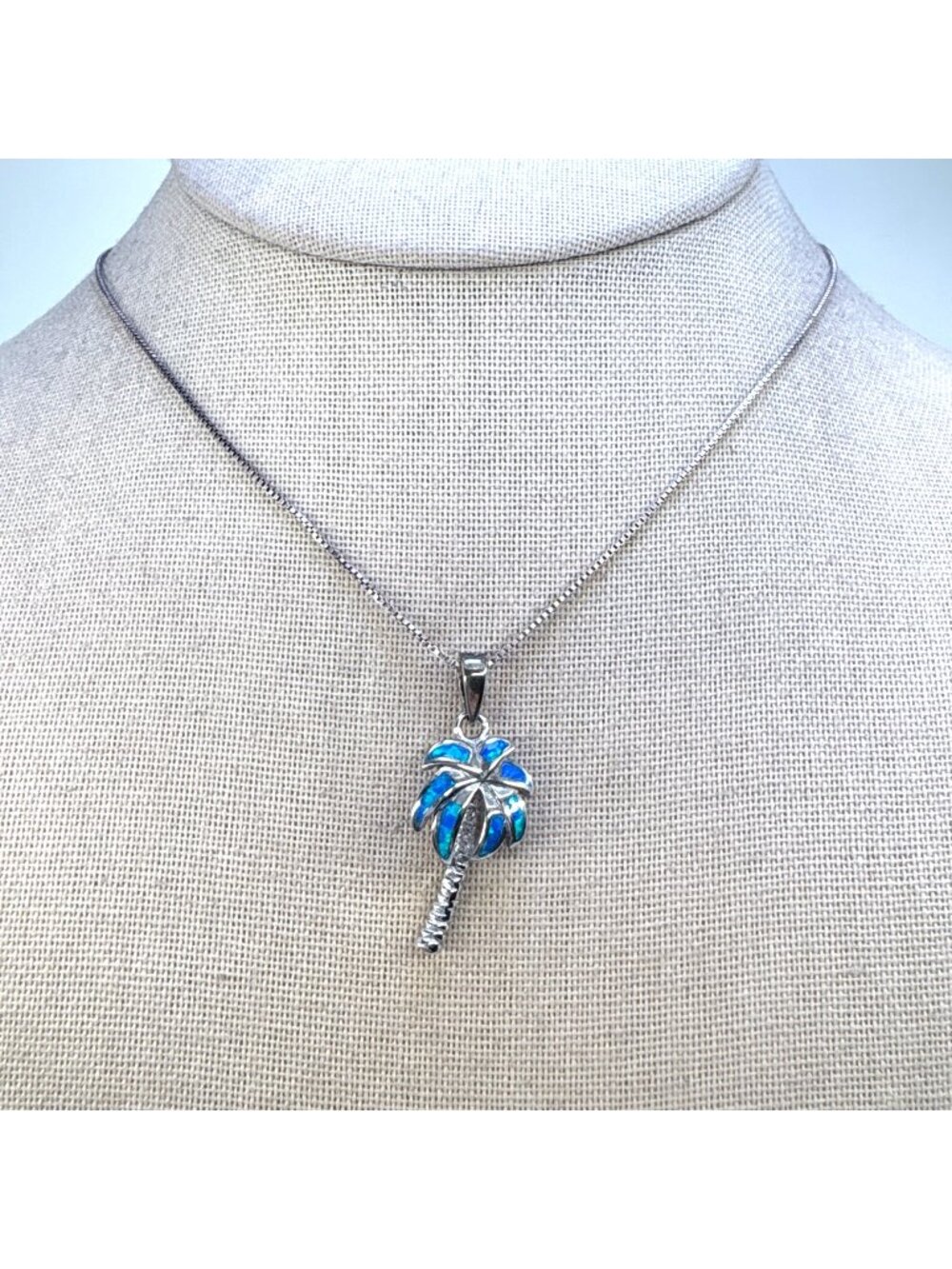 Blue Opal Palm Tree Pendant Necklace Sterling Silver 925 Size 15.5" Length